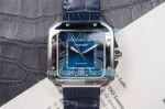 Replica Cartier Santos Automatic Watch Blue Dial Black Leather Strap Stainless Steel Bezel